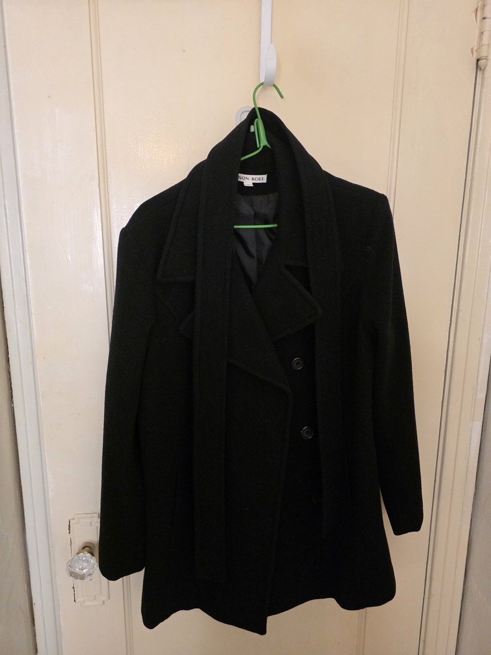 Jason Kole Black Wool-Blend Pea Coat with Belt